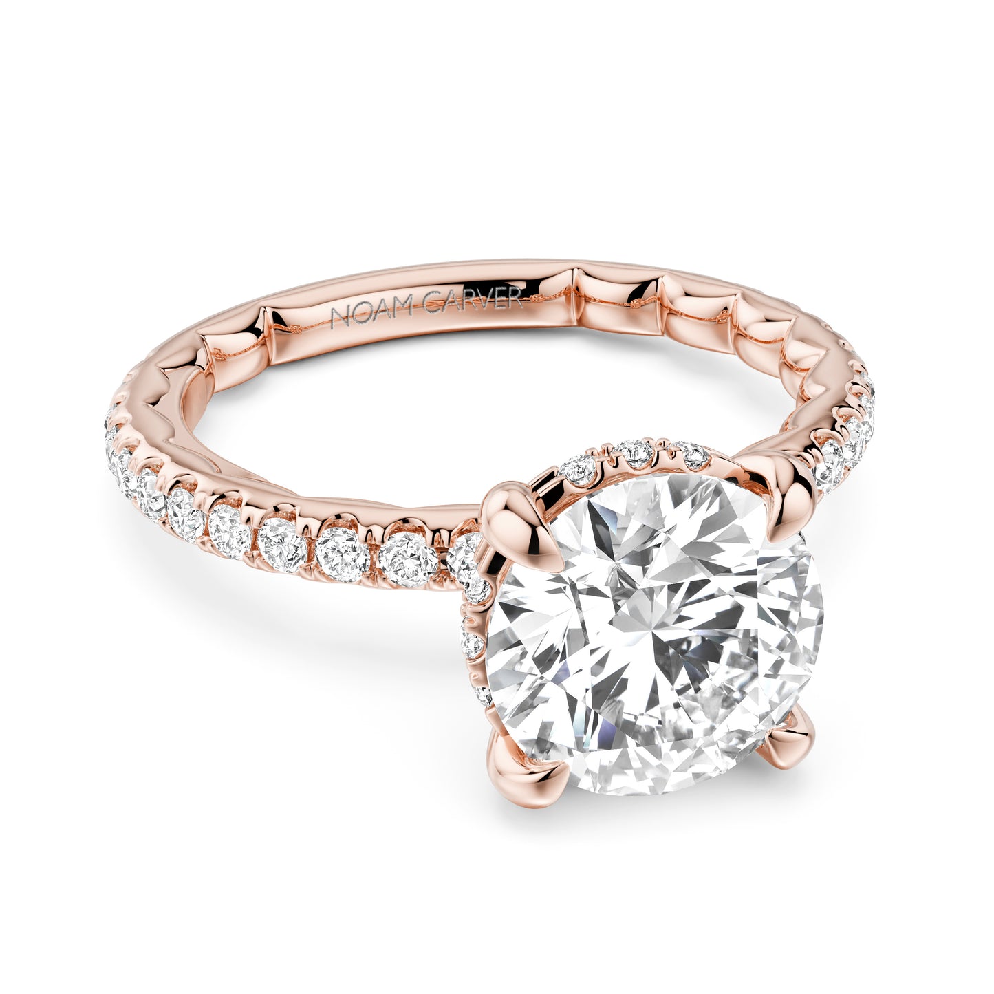 Noam Carver Rose Gold Luna Round Cut Hidden Halo Side Prong Set Diamond Engagement Ring- 2.2mm Shank 