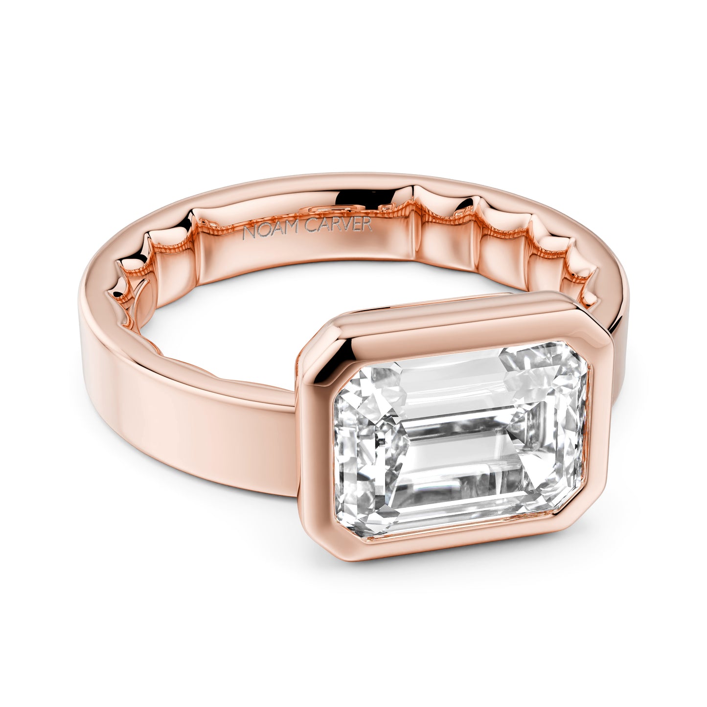 Noam Carver 14K Rose Gold Luna Cigar Bezel Set Emerald Off-Center Diamond Engagement Ring