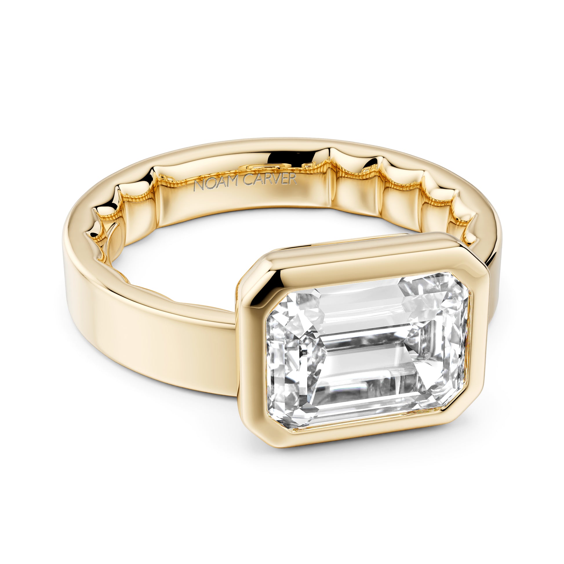 Noam Carver 14K Yellow Gold Luna Cigar Bezel Set Emerald Off-Center Diamond Engagement Ring