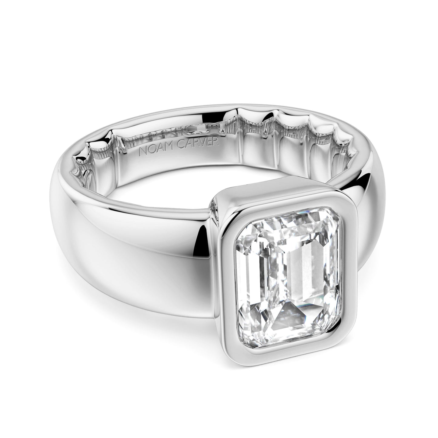 Noam Carver White Gold Luna Cigar Bezel Set Emerald Diamond Engagement Ring