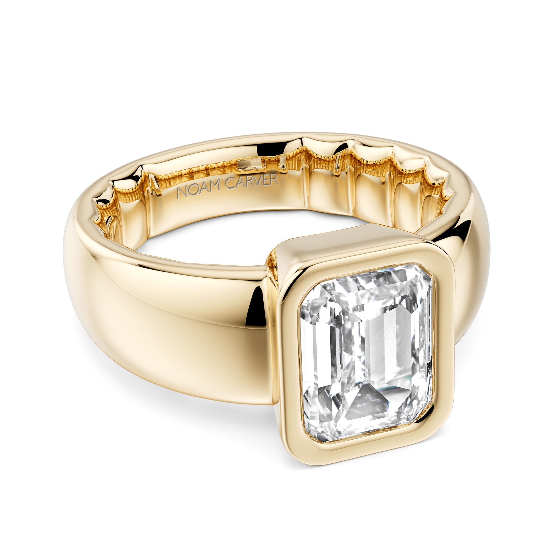 Noam Carver Yellow Gold Luna Cigar Bezel Set Emerald Diamond Engagement Ring