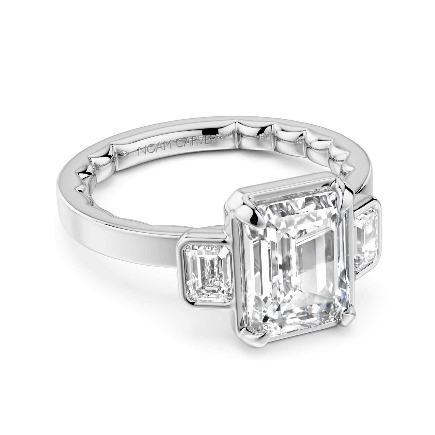 Noam Carver White Gold Luna Cigar Three Stone Emerald Diamond Engagement Ring