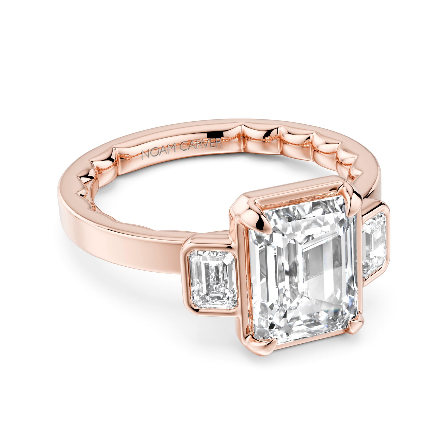 Noam Carver Rose Gold Luna Cigar Three Stone Emerald Diamond Engagement Ring