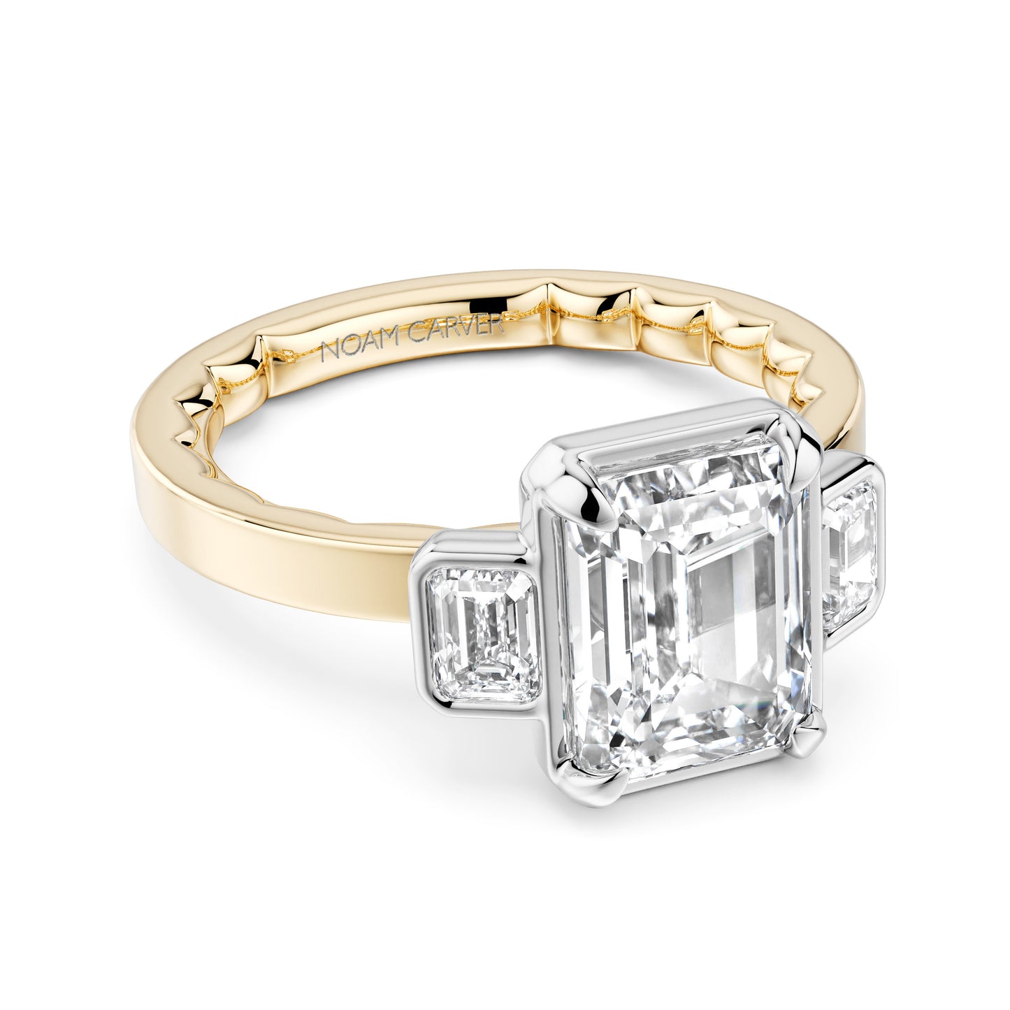 Noam Carver Two-Tone Yellow & White Gold Luna Cigar Three Stone Emerald Diamond Engagement Ring