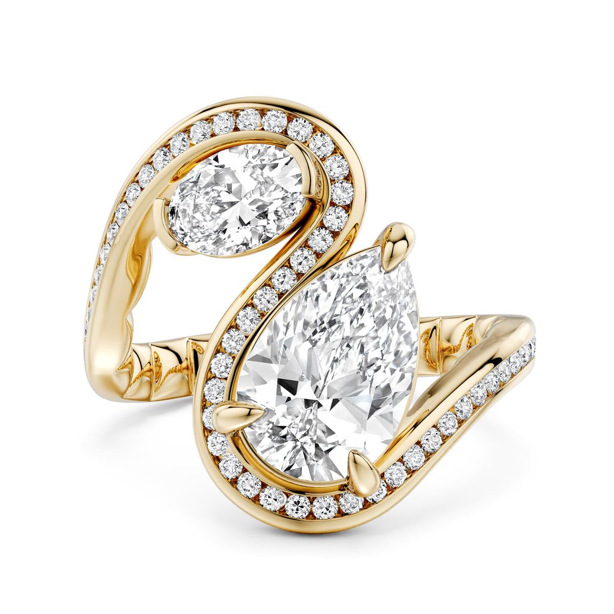 Noam Carver Yellow Gold Luna Two-Stone Contemporary Swirl Pear & Oval Diamond Engagement Ring