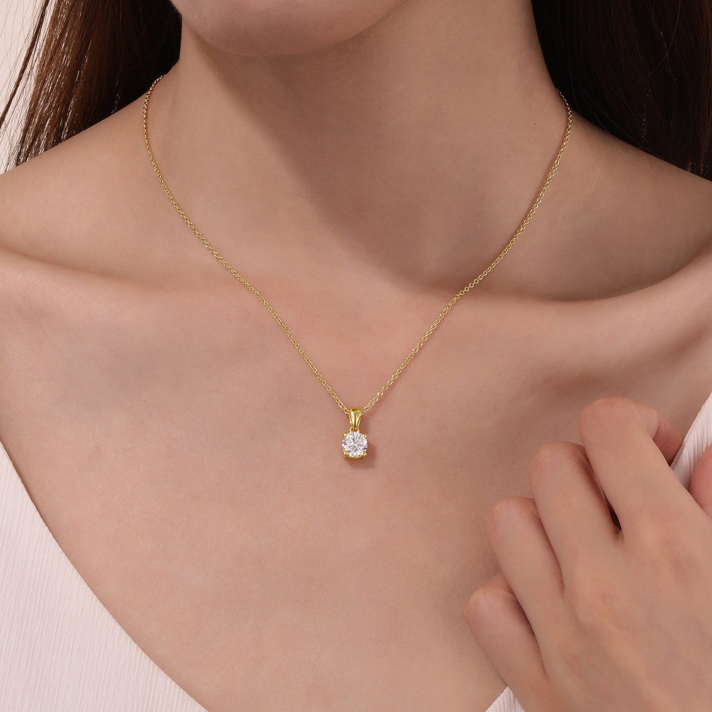 Lafonn Yellow gold Plated Classic 1.5 Carat Round Cut Simulated Diamond Solitaire Four Prong Pendant Necklace on Model