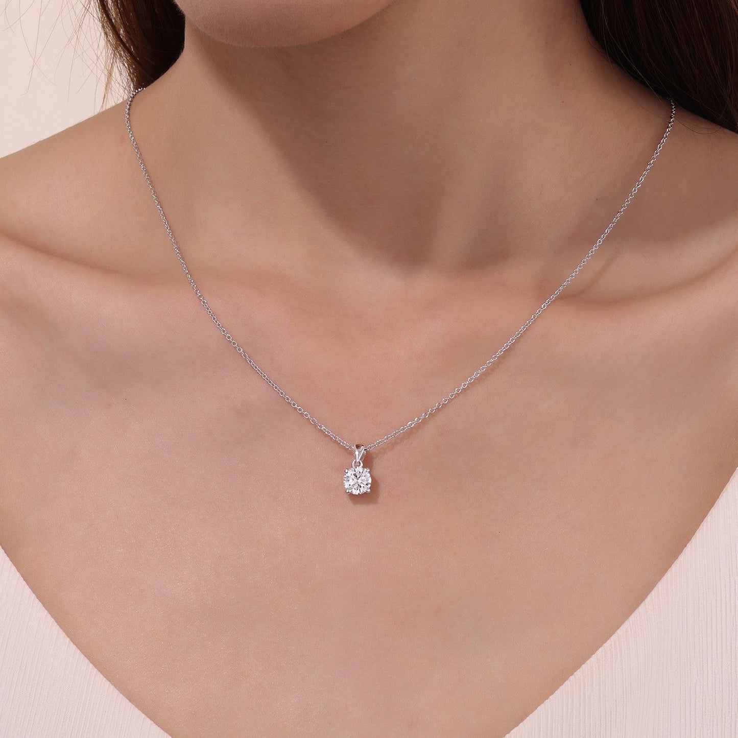Lafonn Platinum Plated Classic 1.5 Carat Round Cut Simulated Diamond Solitaire Four Prong Pendant Necklace on Model