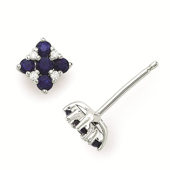 Ben Garelick 14K white gold blue sapphire and diamond square stud earrings with five round sapphires and four round diamonds