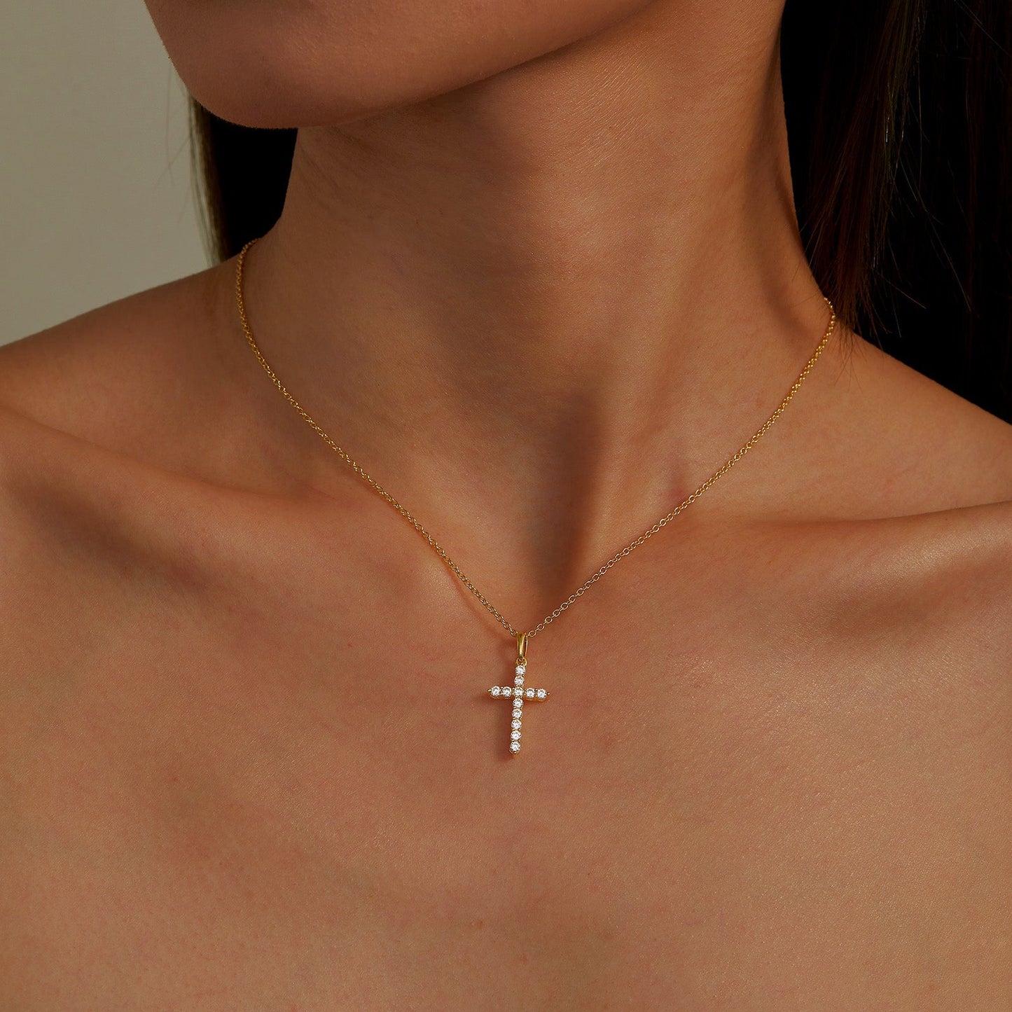 Lafonn TR Gold over Sterling Silver Simulated Diamond Classic Cross Pendant on Model