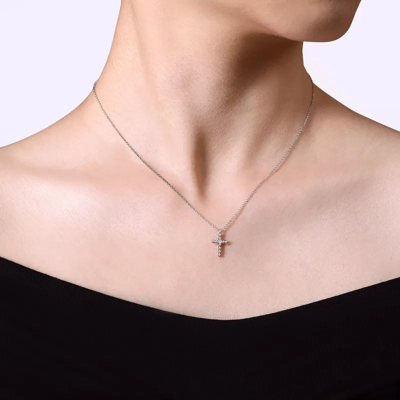 Gabriel & Co. Center Diamond Cross Pendant Necklace in Sterling Silver When Worn