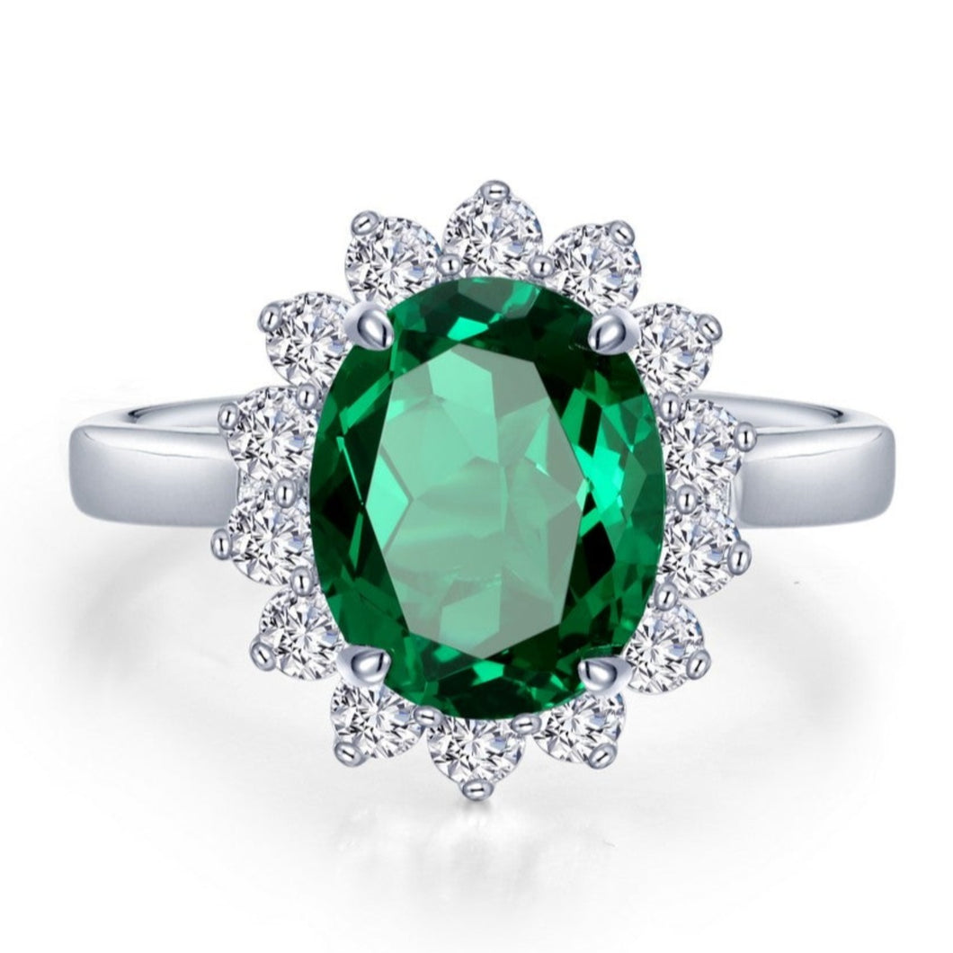 Lafonn Simulated Oval Cut Emerald & Diamond Halo Ring
