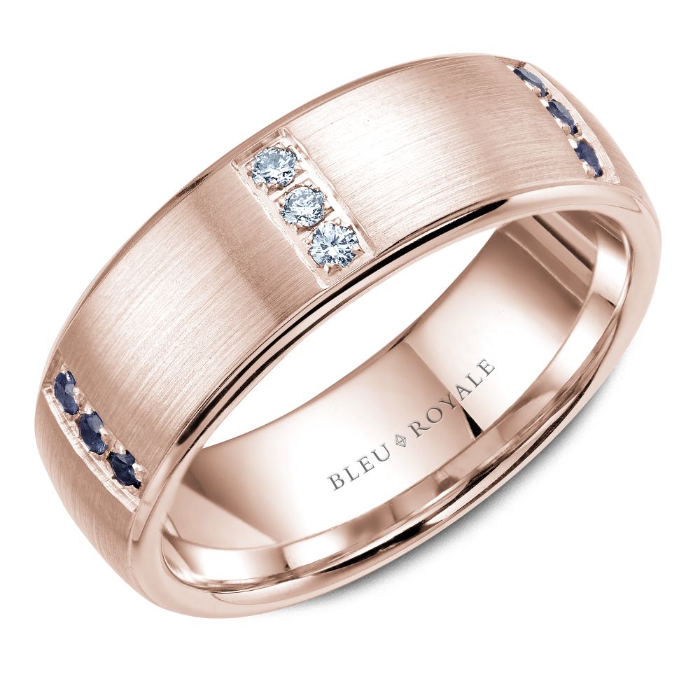 Bleu Royale Rose Gold Three Stone Station Blue Sapphire & Diamond Wedding Band