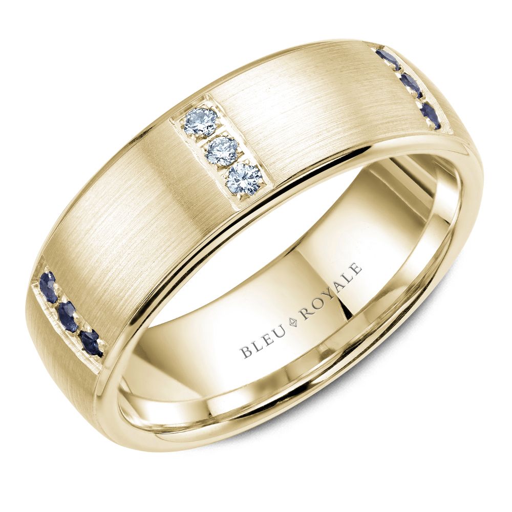 Bleu Royale Yellow Gold Three Stone Station Blue Sapphire & Diamond Wedding Band