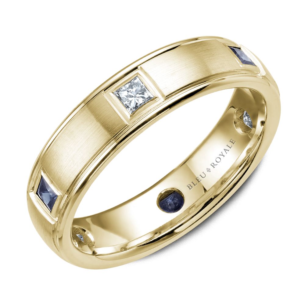 Bleu Royale 5.5MM Yellow Gold Blue Sapphire & Diamond Princess Cut Eternity Wedding Band
