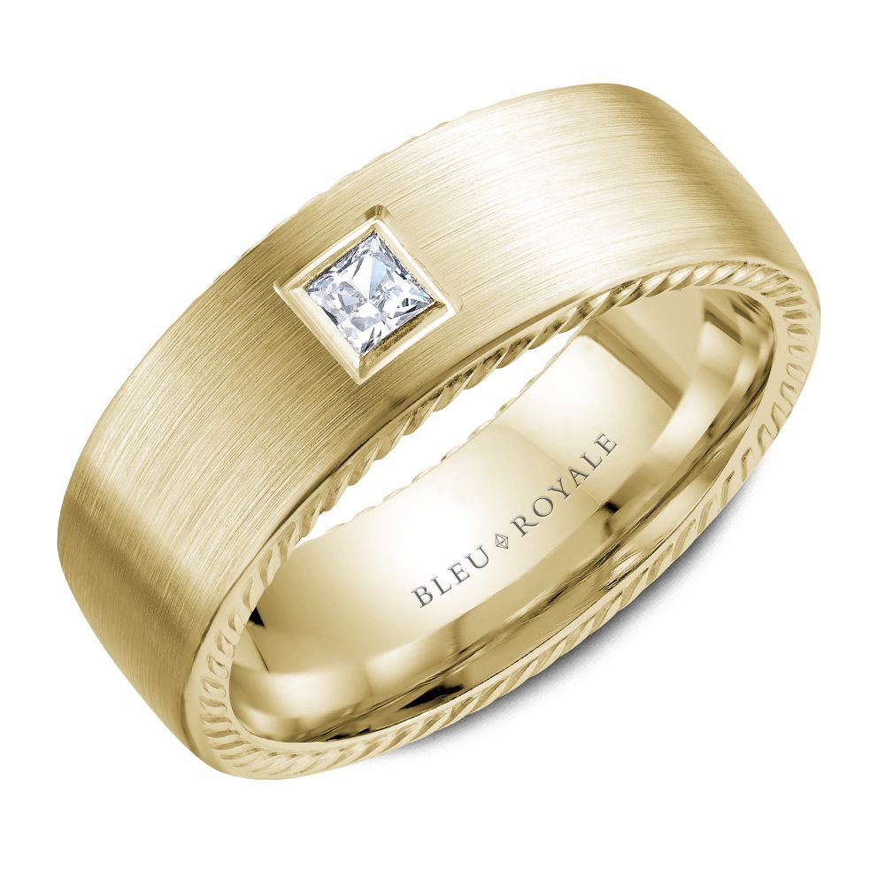 Bleu Royale Yellow Gold Satin Finish Princess Cut Diamond Wedding Band with Rope Details