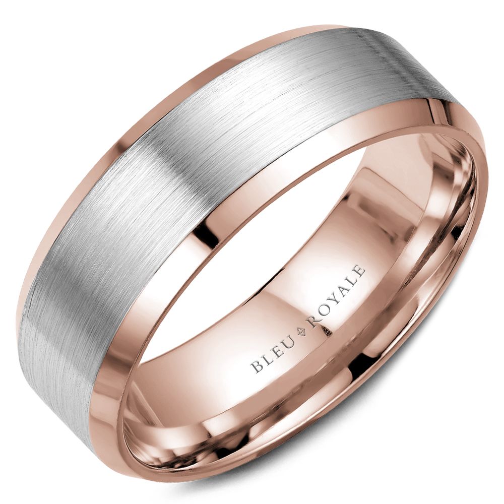 Bleu Royale 7.5MM White & Rose Gold Two-Tone Satin Finish Beveled Edge Wedding Band