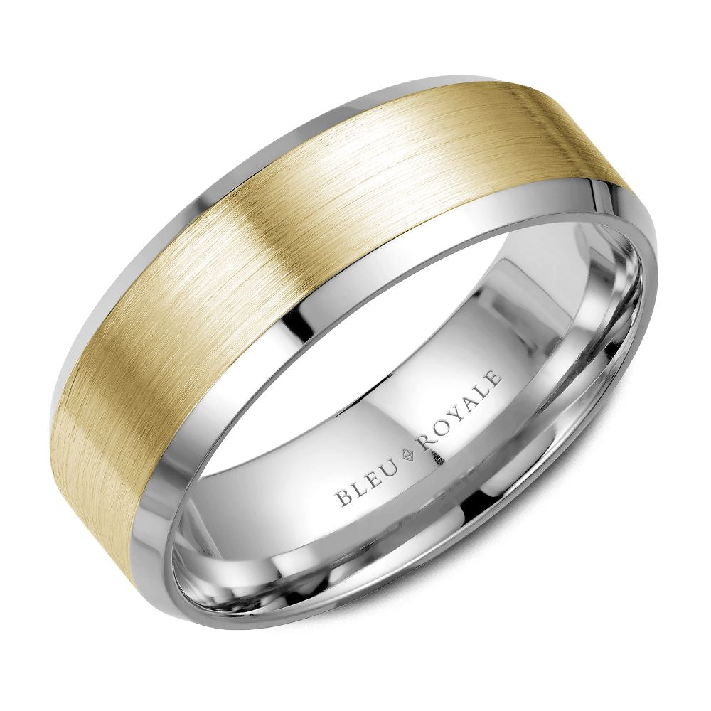 Bleu Royale 7.5MM Yellow & White Gold Two-Tone Satin Finish Beveled Edge Wedding Band