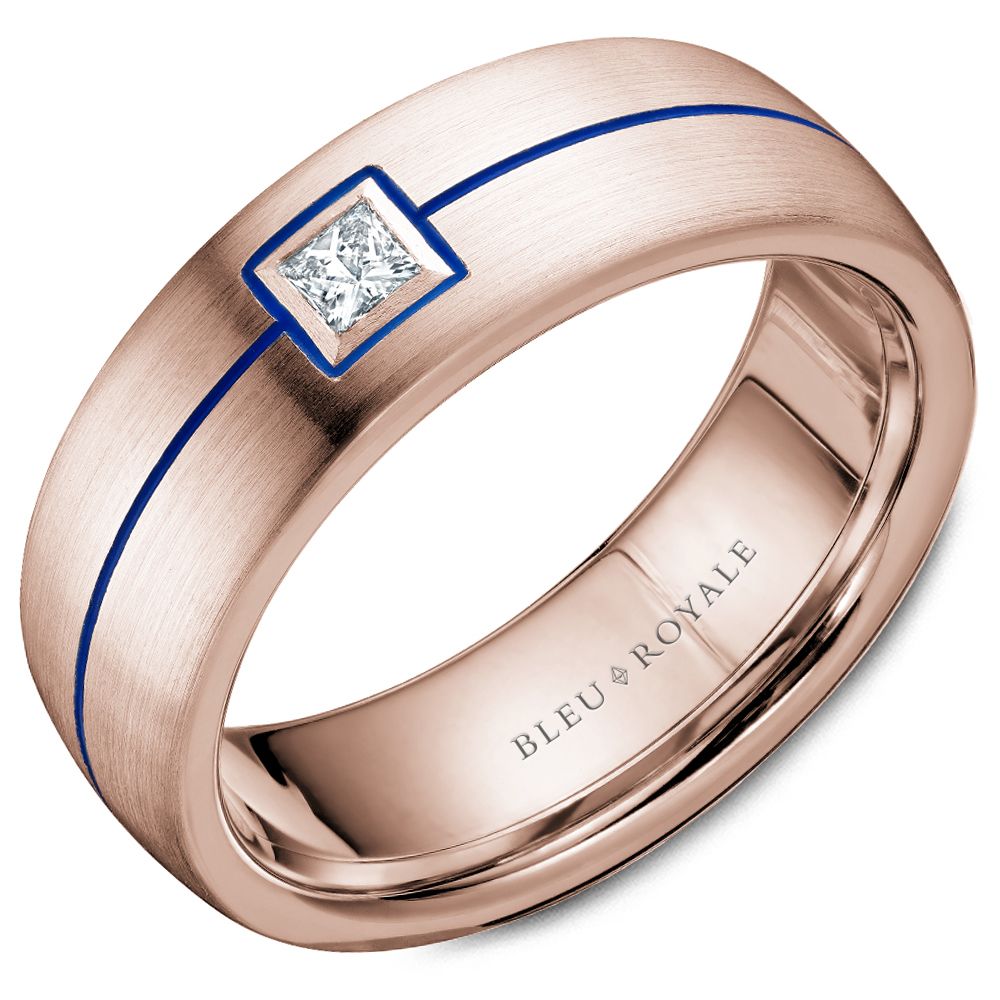 Bleu Royale Rose Gold Wedding Band with Princess Cut Diamond and Blue Enamel Stripe