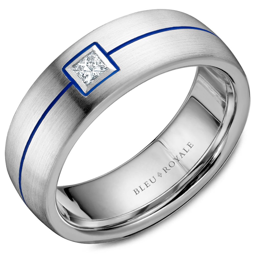 Bleu Royale White Gold Wedding Band with Princess Cut Diamond and Blue Enamel Stripe