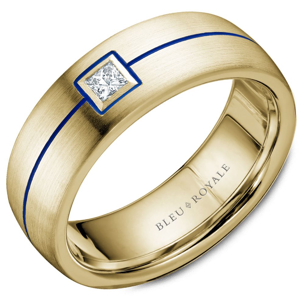 Bleu Royale Yellow Gold Wedding Band with Princess Cut Diamond and Blue Enamel Stripe