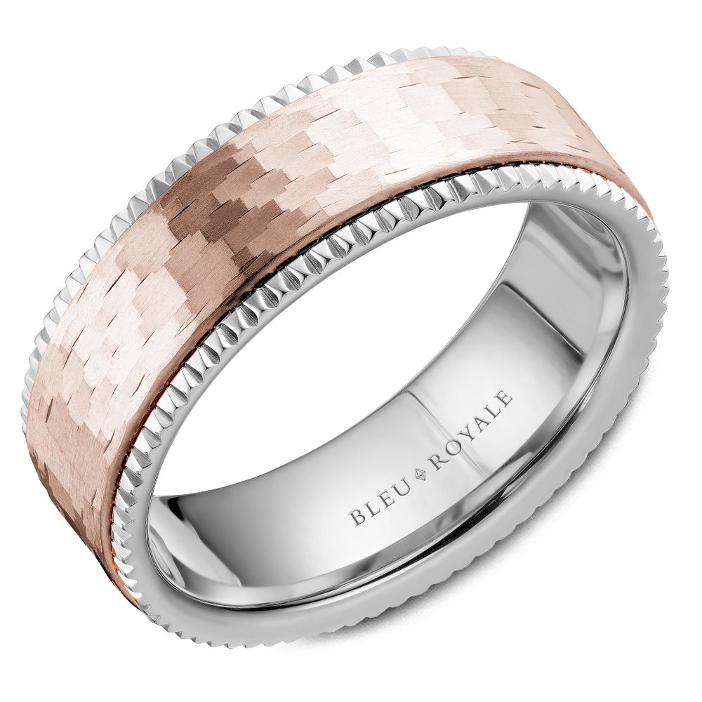 Bleu Royale Rose & White 7.5mm Shimmering Finish Wedding Band with Watch Gear Edging