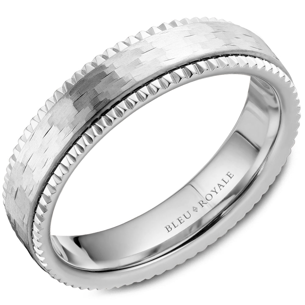 Bleu Royale White 6mm Shimmering Finish Wedding Band with Watch Gear Edging