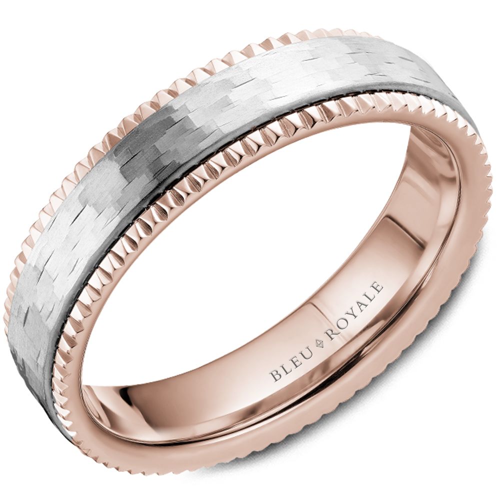 Bleu Royale White & Rose 6mm Shimmering Finish Wedding Band with Watch Gear Edging