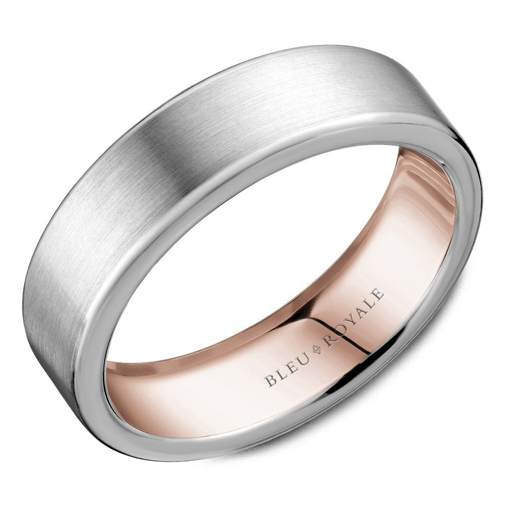 Bleu Royale Two-Tone White & Rose Gold Sandpaper Finish Outside High Polish Interior Wedding Band