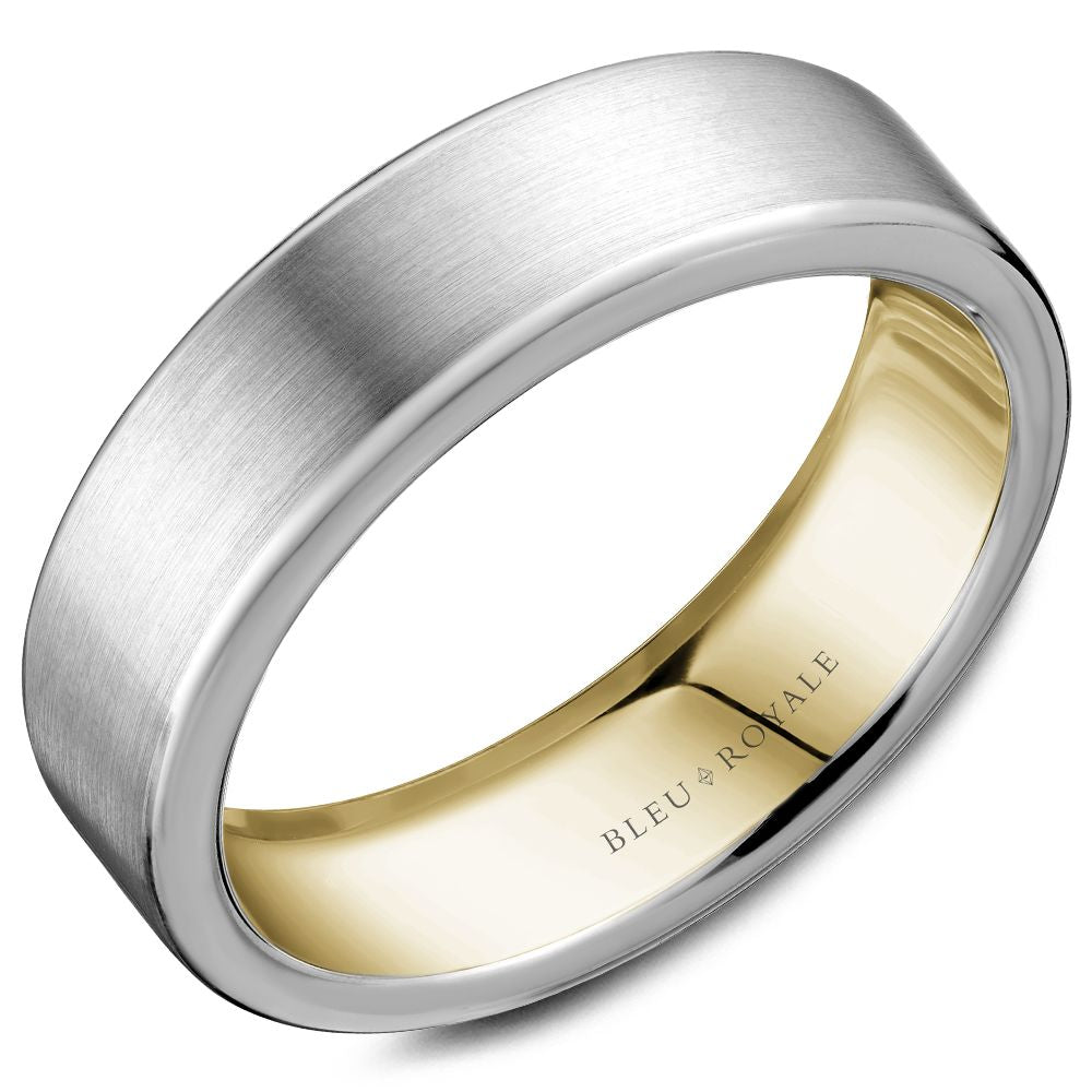 Bleu Royale Two-Tone White & Yellow Gold Sandpaper Finish Outside High Polish Interior Wedding Band