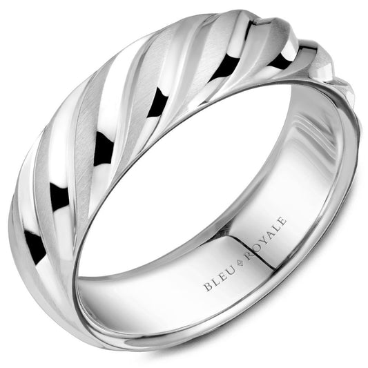 Bleu Royale White Gold Wavy Swirl Notch Detail Wedding Band