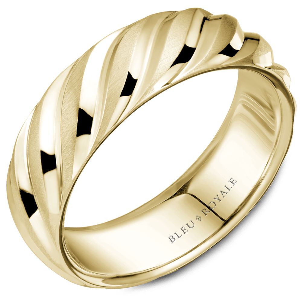 Bleu Royale Yellow Gold Wavy Swirl Notch Detail Wedding Band