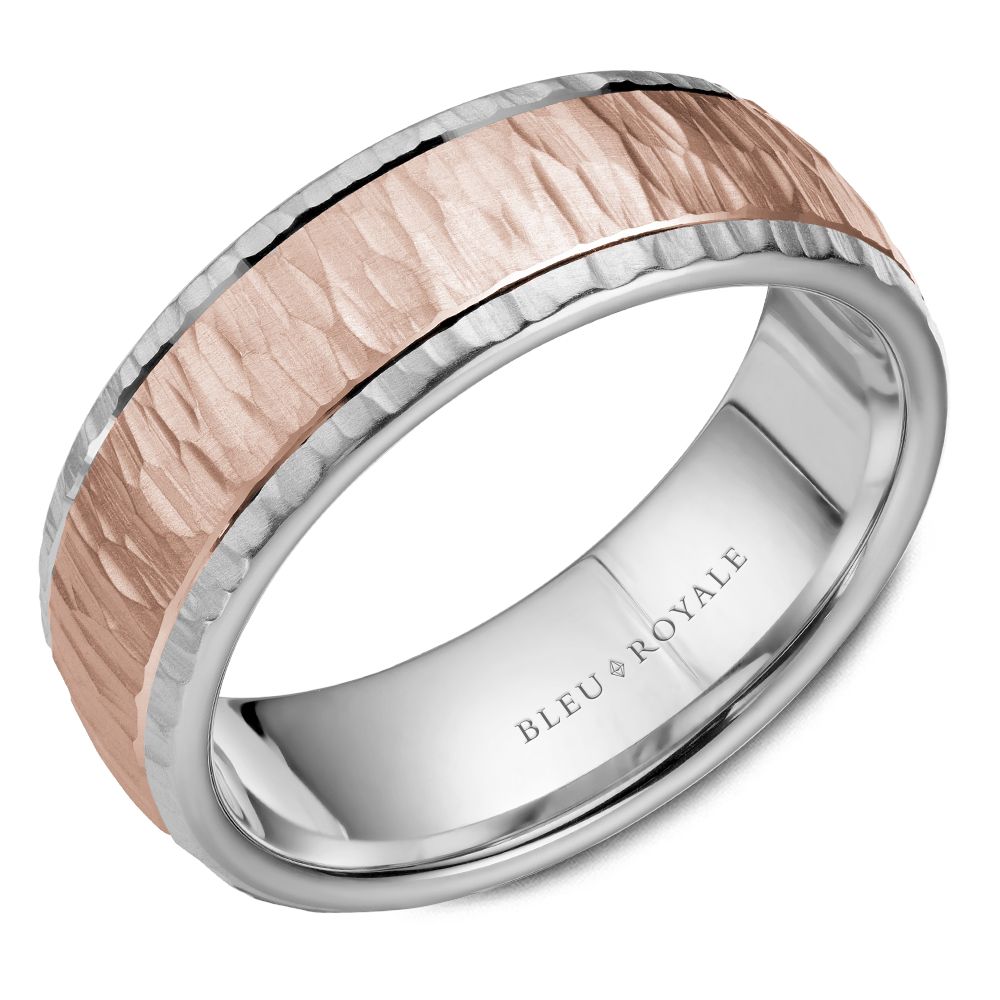 Bleu Royale 6MM Two-Tone Rose & White Gold Wedding Band Featuring a Bark Top and High Polish Side Profile