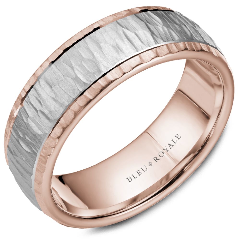 Bleu Royale 6MM Two-Tone White & Rose Gold Wedding Band Featuring a Bark Top and High Polish Side Profile