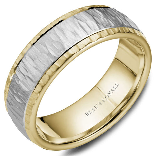 Bleu Royale 6MM Two-Tone Yellow & White Gold Wedding Band Featuring a Bark Top and High Polish Side Profile