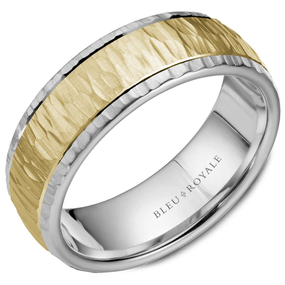 Bleu Royale 6MM Two-Tone White & Yellow Gold Wedding Band Featuring a Bark Top and High Polish Side Profile