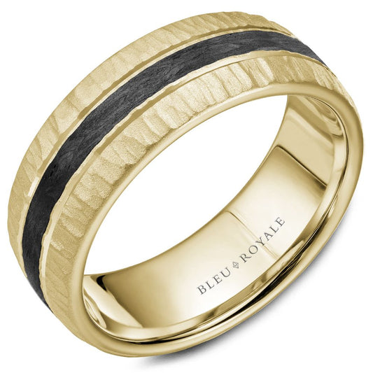 Bleu Royale Yellow Gold Stone Textured Wedding Band with Forged Carbon Fiber Black Stripe