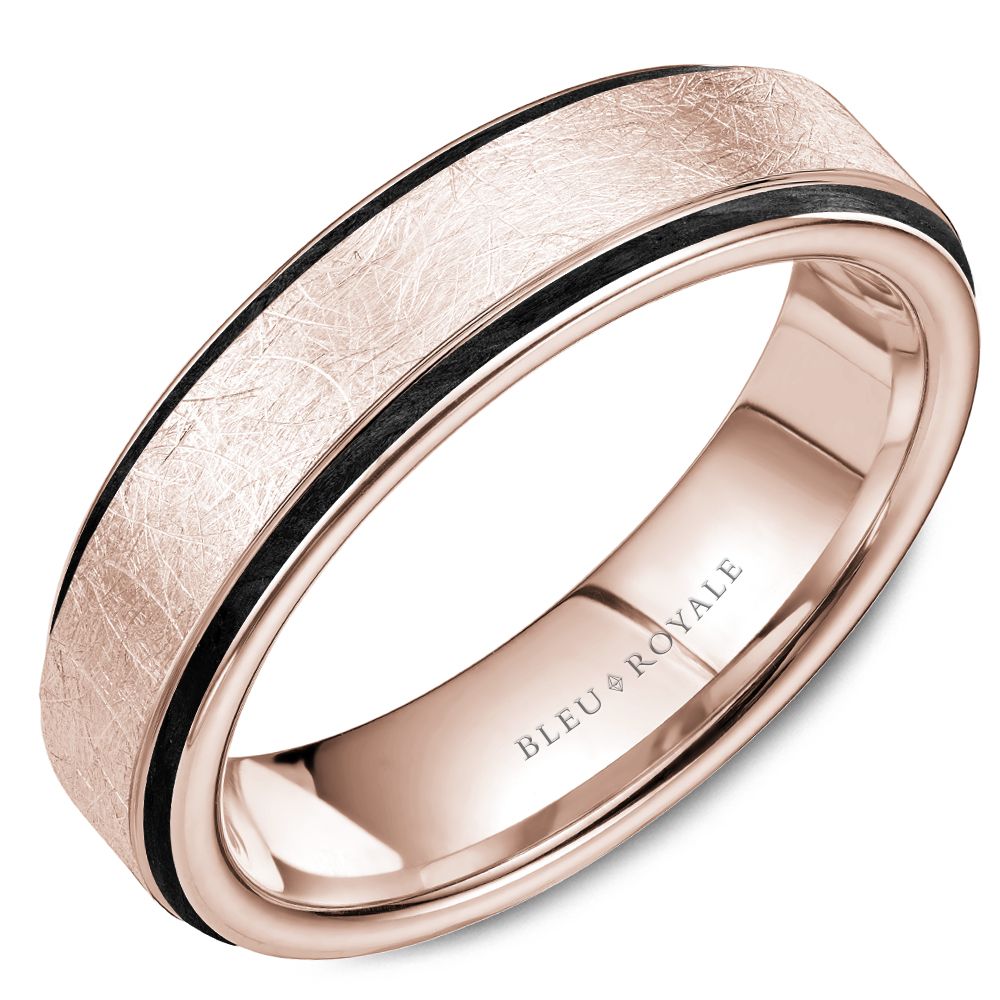 Bleu Royale 6MM Rose Gold Diamond Brush Finish Black Enamel Edge Wedding Band