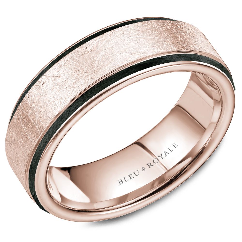 Bleu Royale 7.5MM Rose Gold Diamond Brush Finish Black Enamel Edge Wedding Band