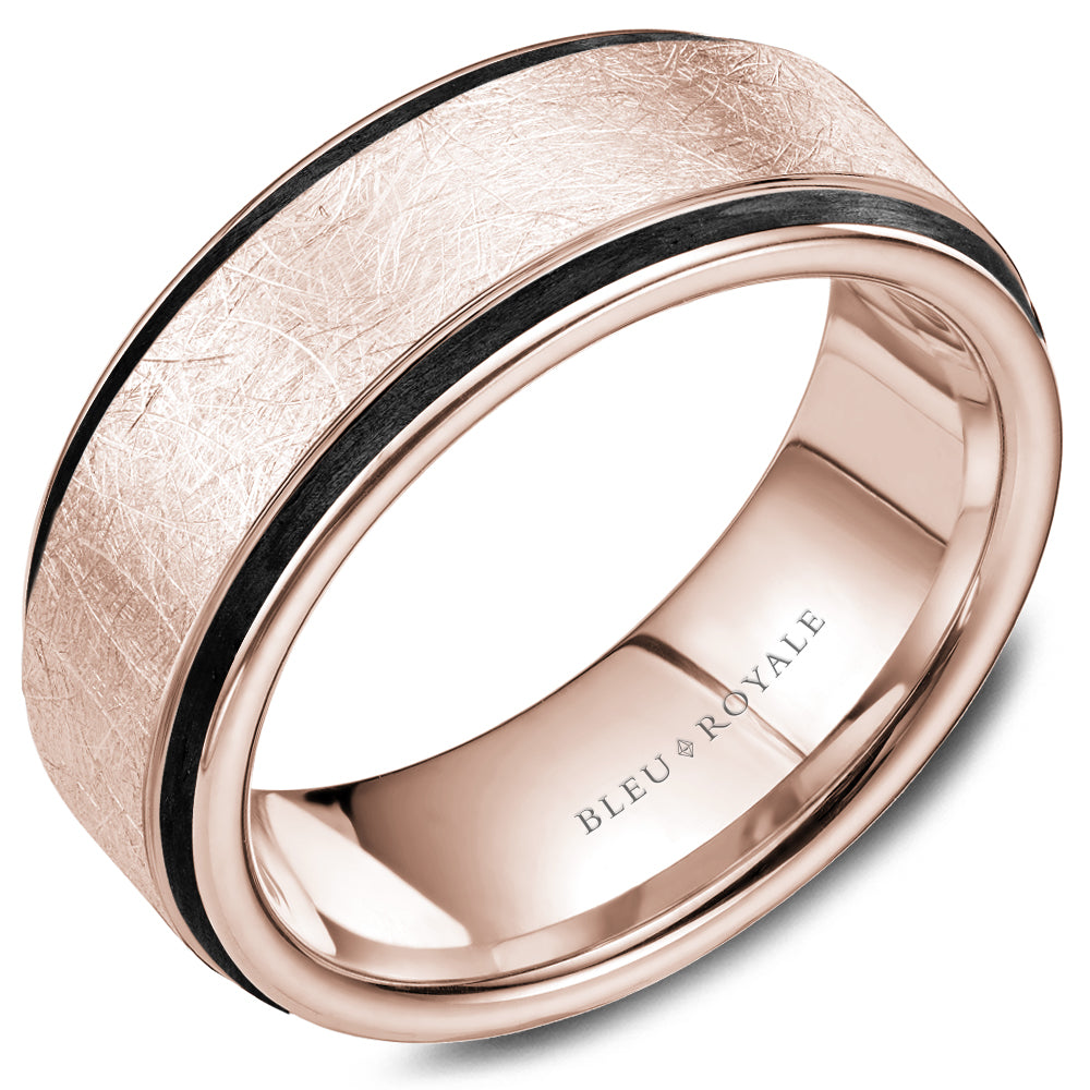 Bleu Royale 8.5MM Rose Gold Diamond Brush Finish Black Enamel Edge Wedding Band
