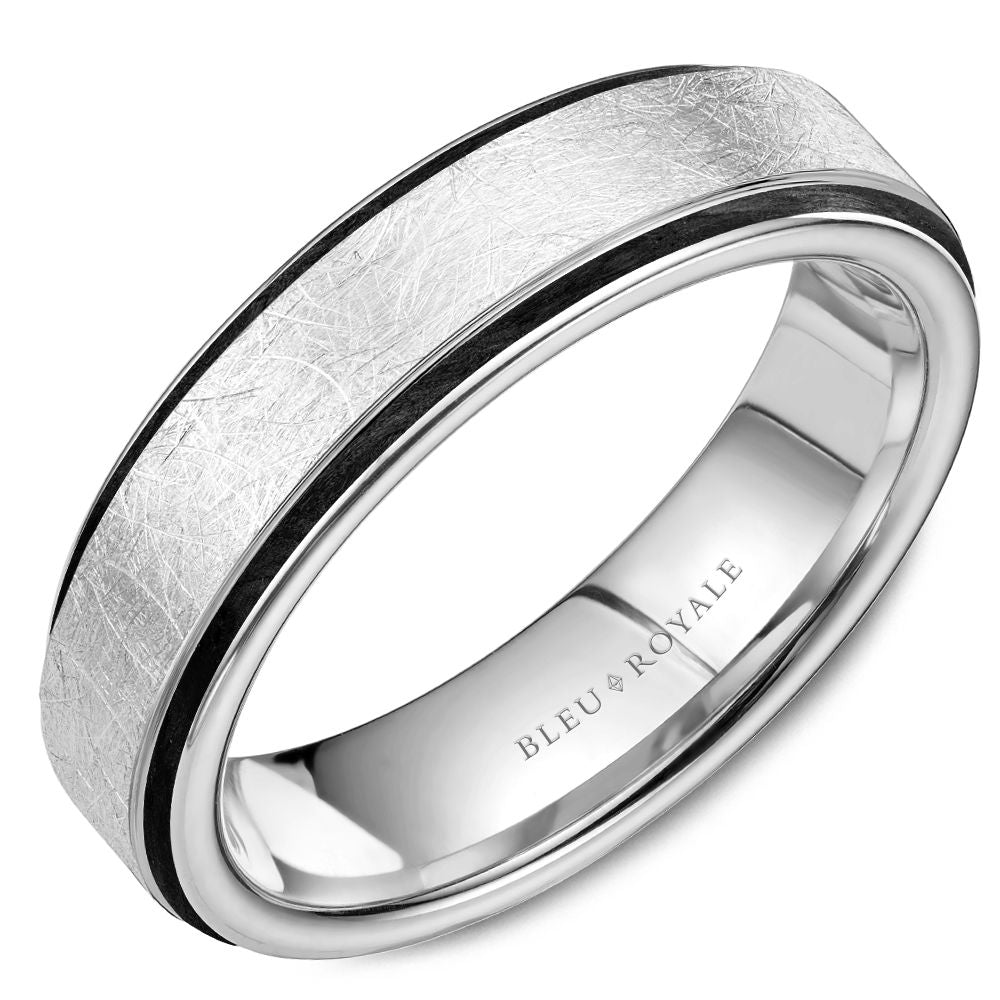 Bleu Royale 6MM White Gold Diamond Brush Finish Black Enamel Edge Wedding Band