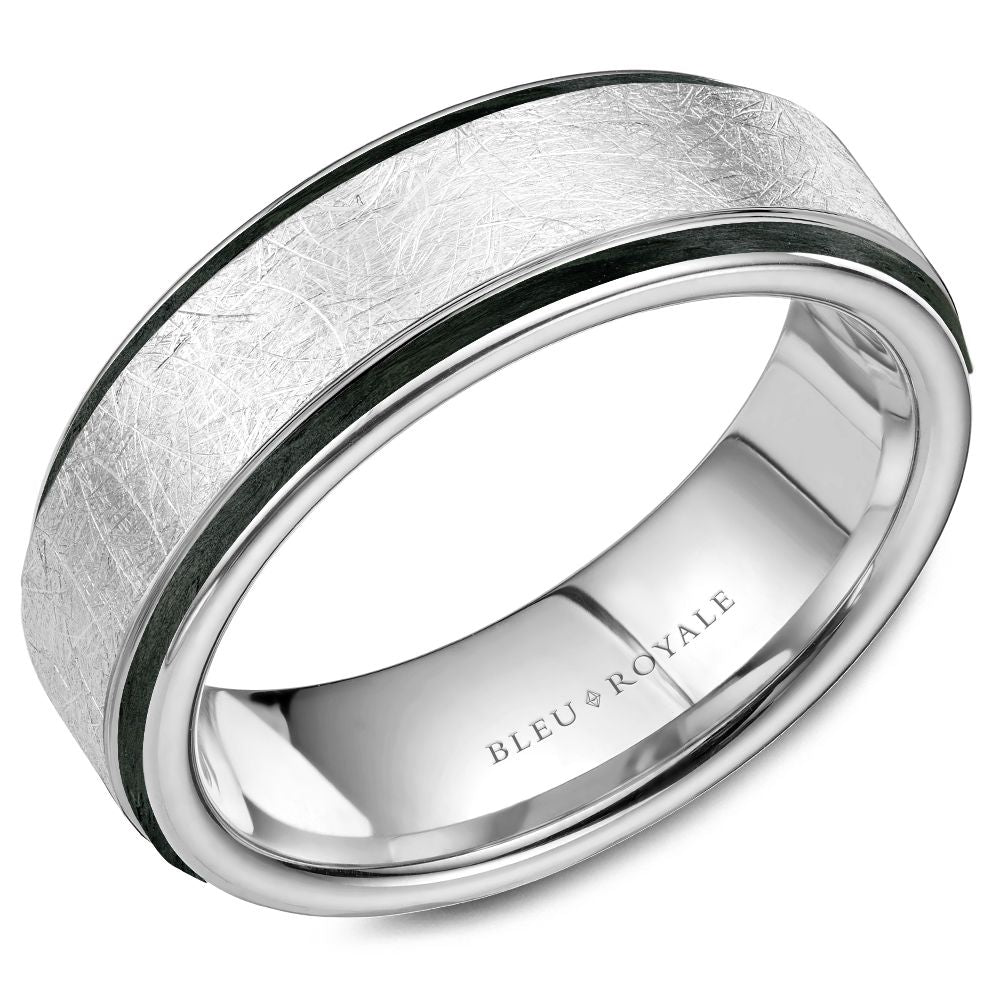 Bleu Royale 7.5MM White Gold Diamond Brush Finish Black Enamel Edge Wedding Band