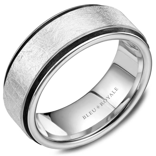Bleu Royale 8.5MM White Gold Diamond Brush Finish Black Enamel Edge Wedding Band