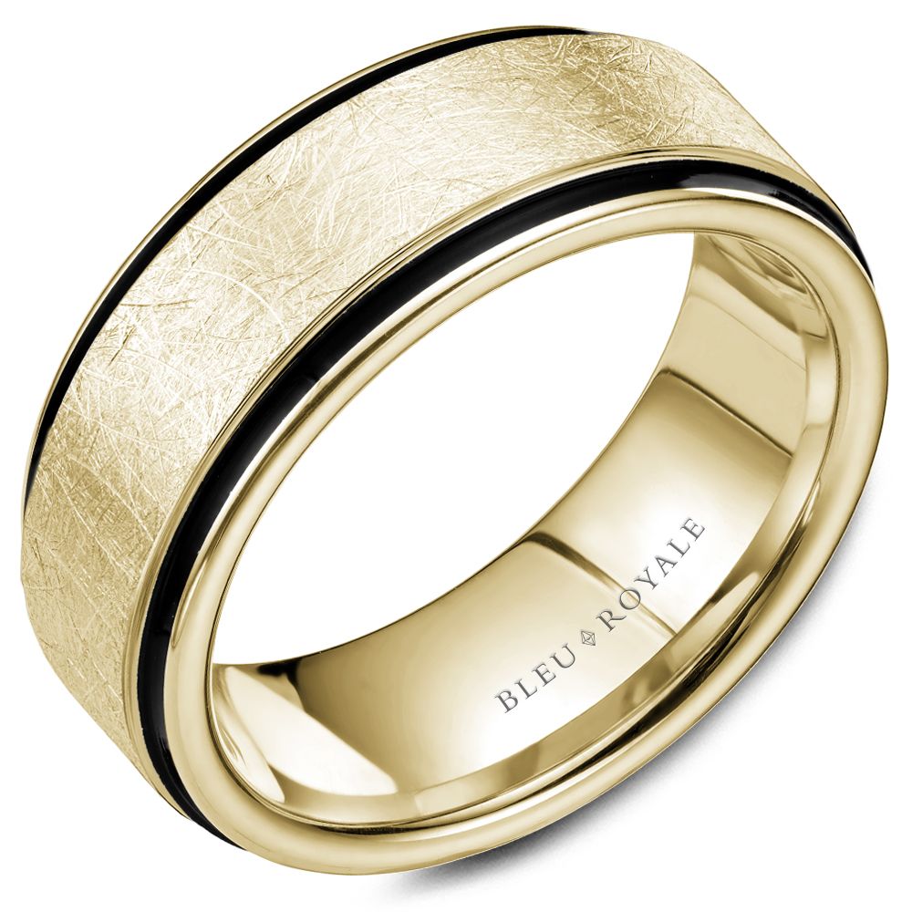 Bleu Royale 8.5MM Yellow Gold Diamond Brush Finish Black Enamel Edge Wedding Band