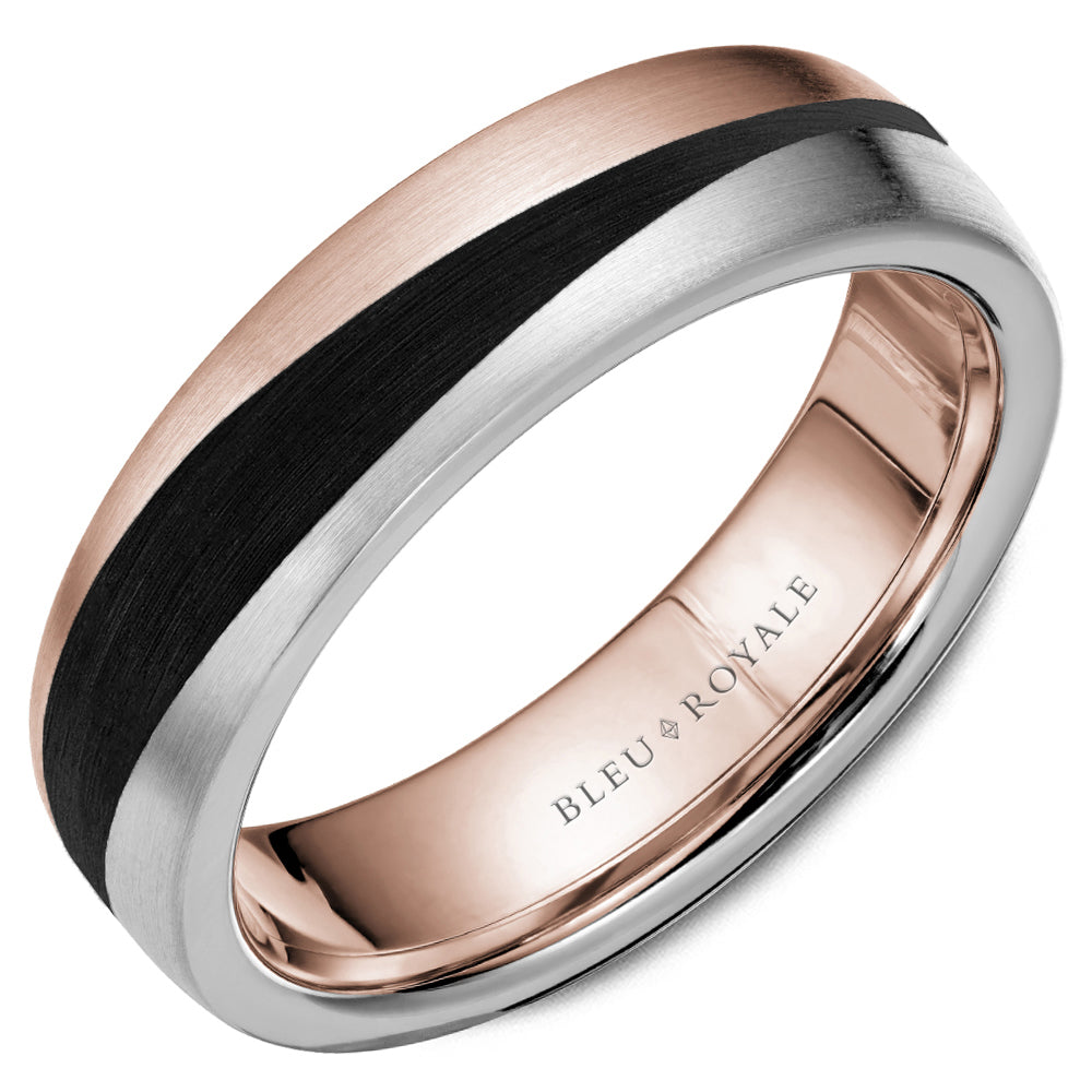 Bleu Royale 7mm Rose, White & Enamel Two-Tone Gold Black Enamel Swish Wedding Band with Satin Finish