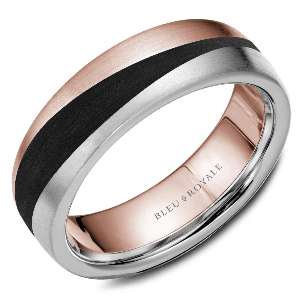 Bleu Royale 7mm Rose, White & Enamel Two-Tone Gold Black Enamel Swish Wedding Band with Satin Finish