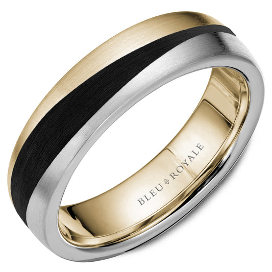 Bleu Royale 6mm Yellow, White & Enamel Two-Tone Gold Black Enamel Swish Wedding Band with Satin Finish