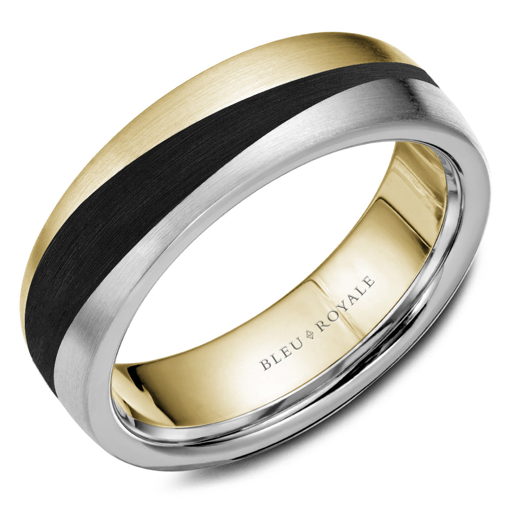 Bleu Royale 7mm Yellow, White & Enamel Two-Tone Gold Black Enamel Swish Wedding Band with Satin Finish
