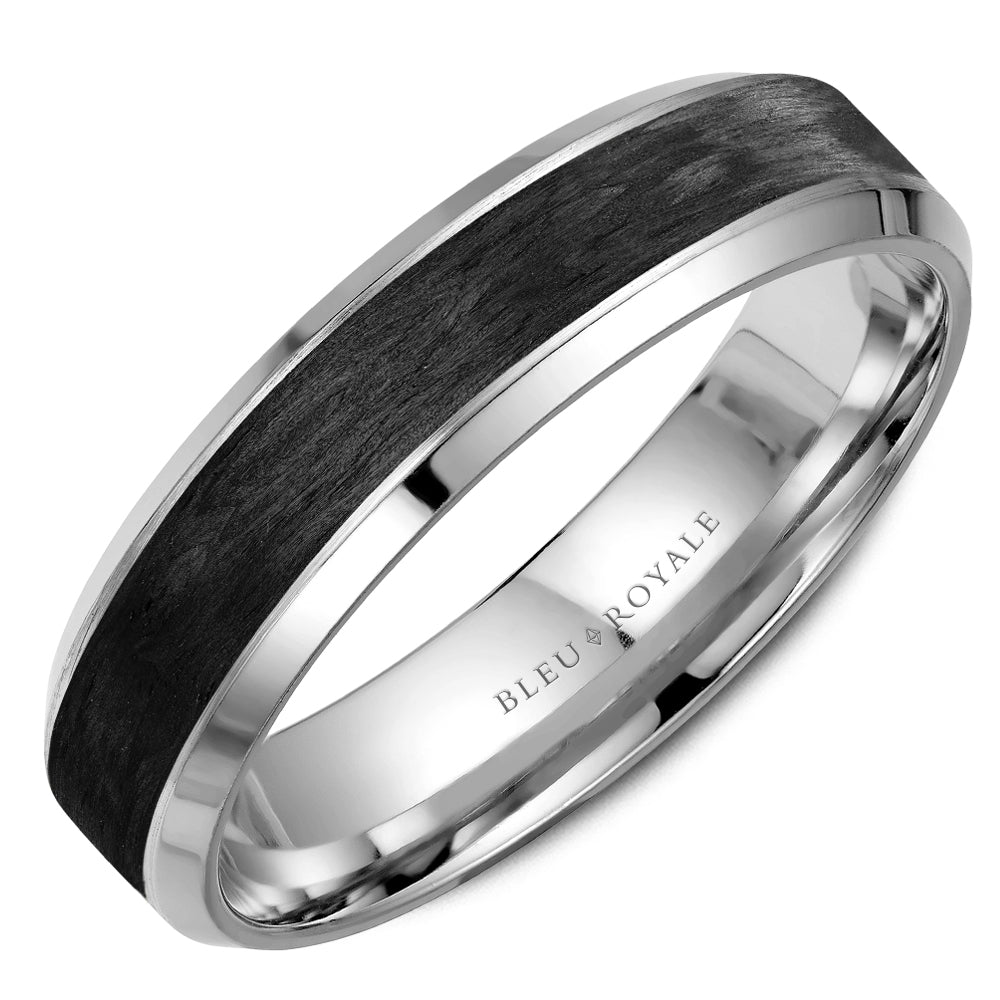 Bleu Royale Forged Black Carbon & 14K White Gold Beveled Edge 5.5MM Wedding Band