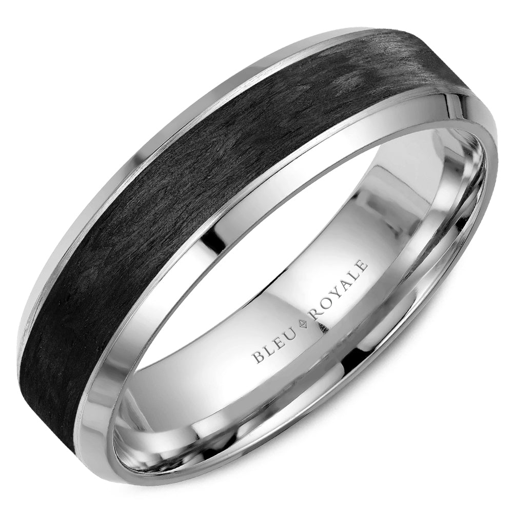 Bleu Royale Forged Black Carbon & 14K White Gold Beveled Edge 6.5MM Wedding Band