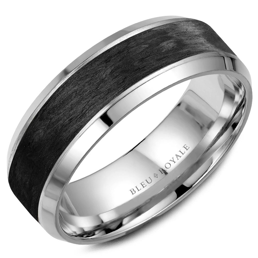 Bleu Royale Forged Black Carbon & 14K White Gold Beveled Edge 7.5MM Wedding Band